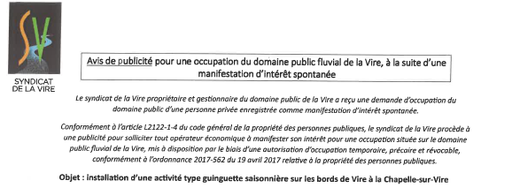 Avis de publicité pour l&rsquo;occupation du domaine public de la Vire